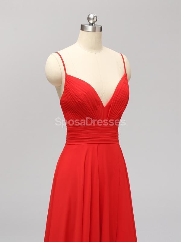 Side Slit Spaghetti Straps Red Chiffon Long barato dama de honra vestidos on-line, WG592