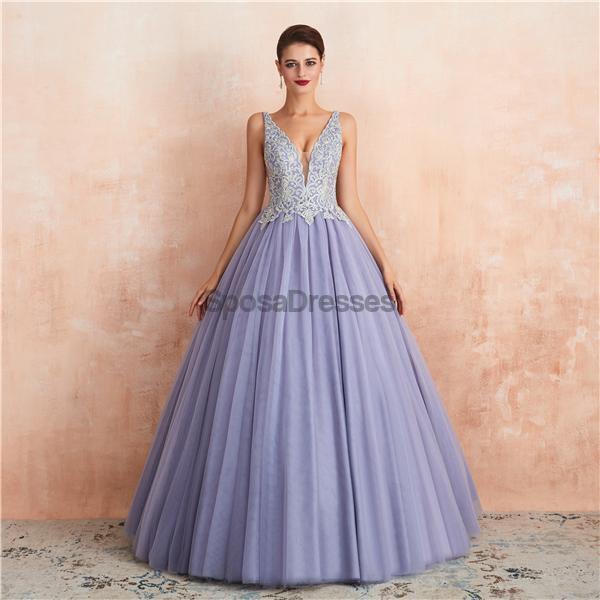 V Neck Lilac Lace Beaded A-line Long Evening Prom Dresses, Evening Party Prom Dresses, 12133