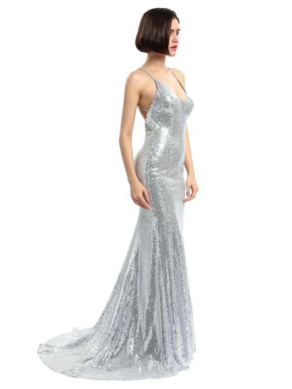 Spaghetti Straps Silver Mermaid Long Evening Prom Dresses, Evening Party Prom Dresses, 12214