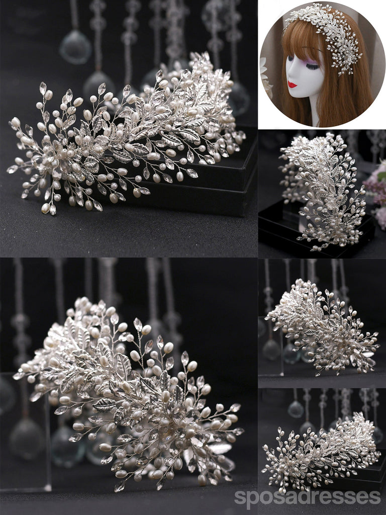 Elegant Handmade Wide Brimmed Rhinestone Pearl Leaf Headwear Accessories for Women, HP322