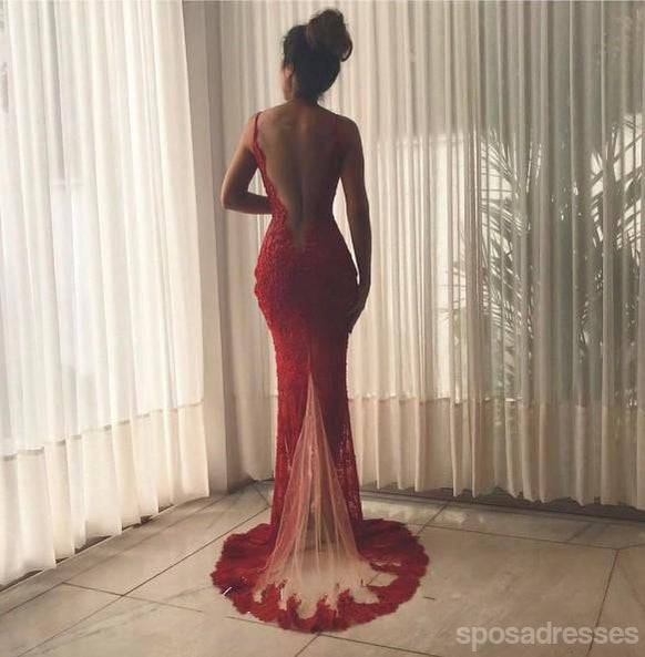 Maroon Lace Side Slit Deep V Neckline Mermaid Long Evening Prom Dresses, 17531