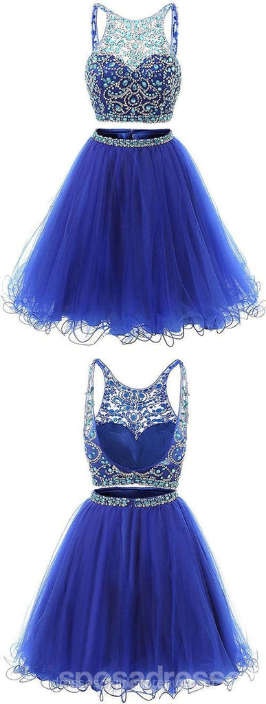 Sexy Deux Pièces Royal Bleu Perlé Tulle Retour Robes de Bal Abordables Partie Courte de Bal Sweet 16 Robes, Parfait Homecoming Robes de Cocktail, CM352