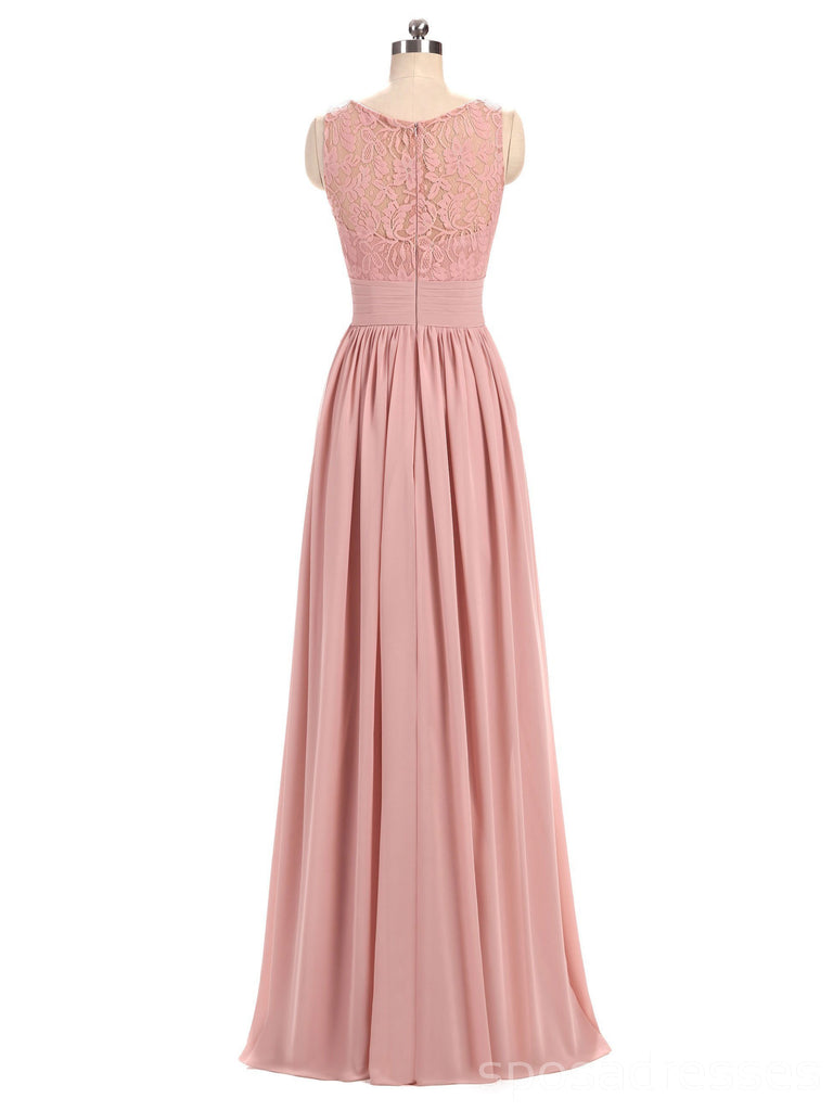 Dusty Pink V Neck Lace Straps Chiffon largo Vestidos de dama de honor baratos en línea, WG280