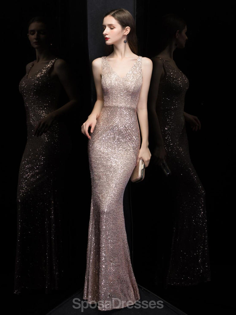 Sexy Mermaid V Neck Champagne Gold Long Evening Prom Dresses, Evening Party Prom Dresses, 12319