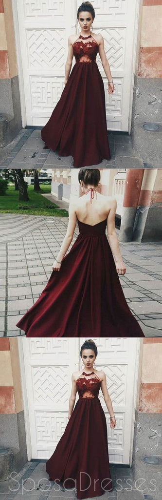 Sexy See Through Maroon Halter Lace Long Custom Evening Prom Dresses, 17409