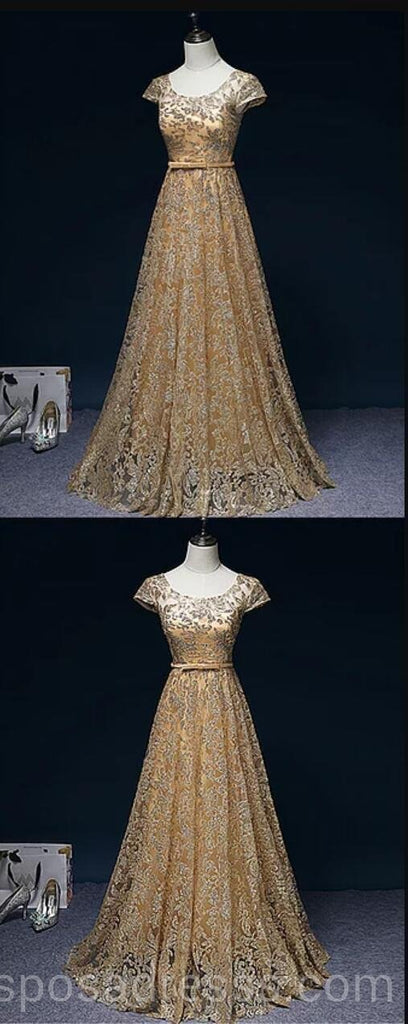 Sparkly Gold Short Sleeves Long Evening Prom Dresses, Cheap Custom Sweet 16 Dresses, 18541