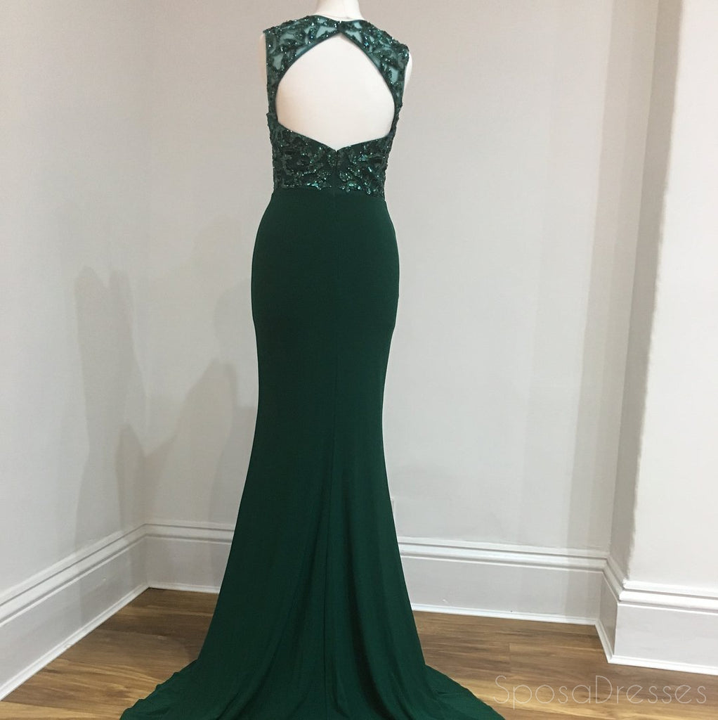 Sexy Open Back Emerald Green Side Slit Mermaid Sequin Lace Long Evening Prom Dresses, Popular Cheap Long Custom Party Prom Dresses, 17315