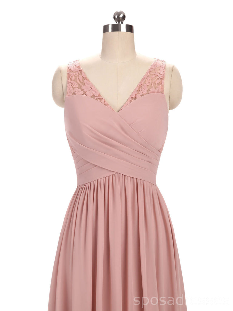 Dusty Pink V Neck Lace Straps Chiffon largo Vestidos de dama de honor baratos en línea, WG280