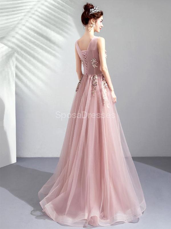 Scoop Lace Beaded Pink Long Evening Prom Dresses, Evening Party Prom Dresses, 12286