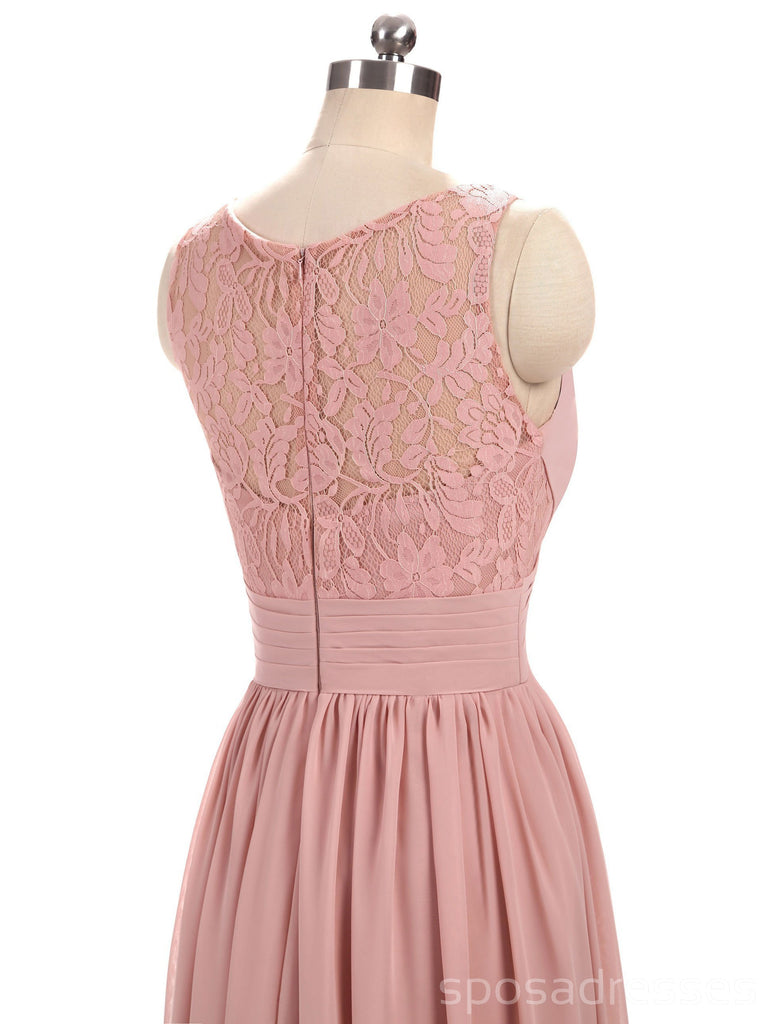 Dusty Pink V Neck Lace Straps Chiffon largo Vestidos de dama de honor baratos en línea, WG280