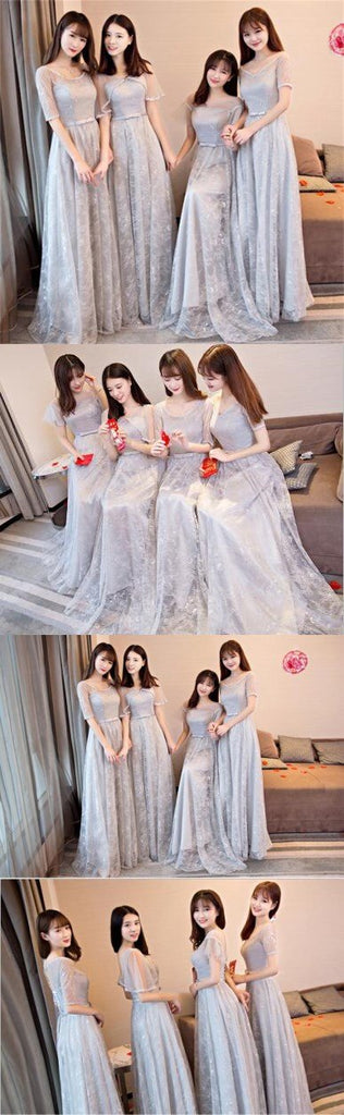 Gray Lace Short Sleeve Long Bridesmaid Dresses, Cheap Bridesmaid Gowns, BD0001