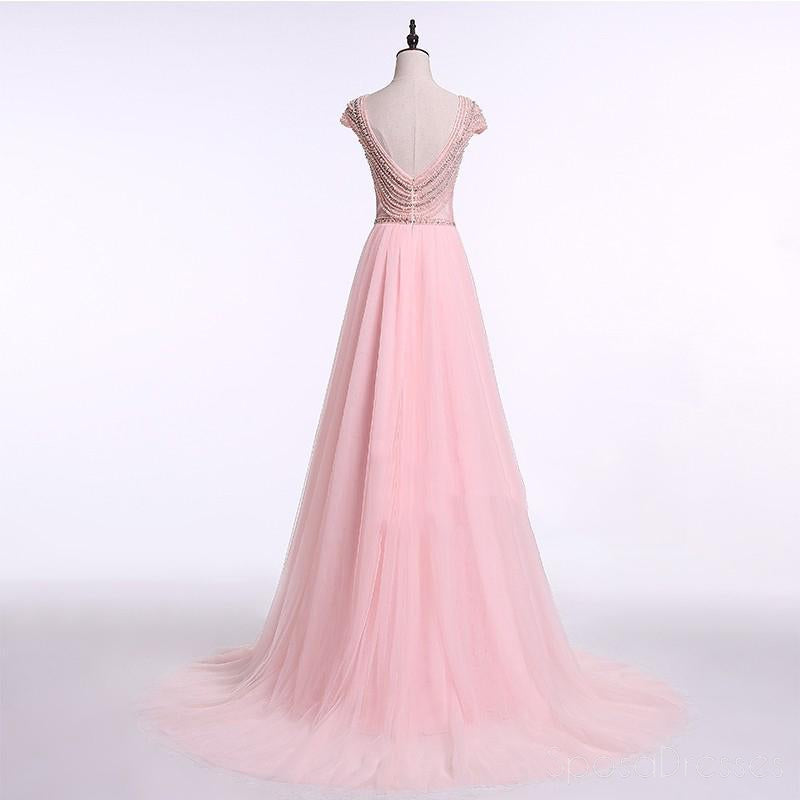 Sexy Backless Cap Sleeve Blush Pink Beaded Long Evening Prom Dresses, vestidos de fiesta largos baratos populares 2018, 17241