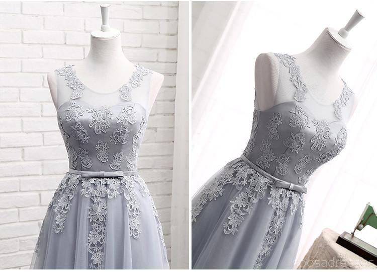 Gray Lace A line Long Bridesmaid Dresses, Affordable Bridesmaid Dresses, BD019