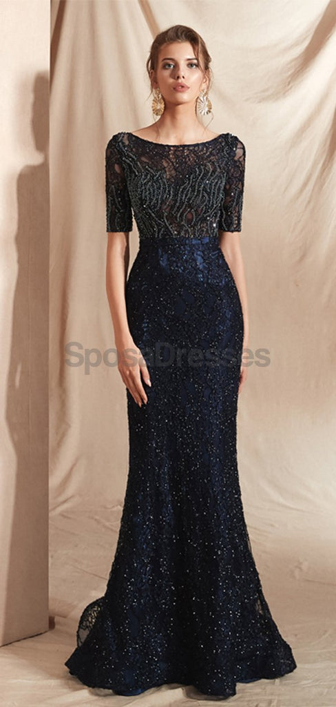 Navy 1/2 Long Sleeves Lace Beaded Mermaid Evening Prom Dresses, Evening Party Prom Dresses, 12073