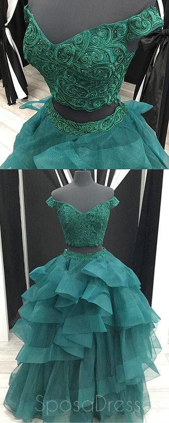 Sexy de Dos Piezas de color Verde Esmeralda de los Hombros Fuera de Cuello V Vestido de Bola de Largo Personalizada de Noche, vestidos de fiesta, Vestidos 17414