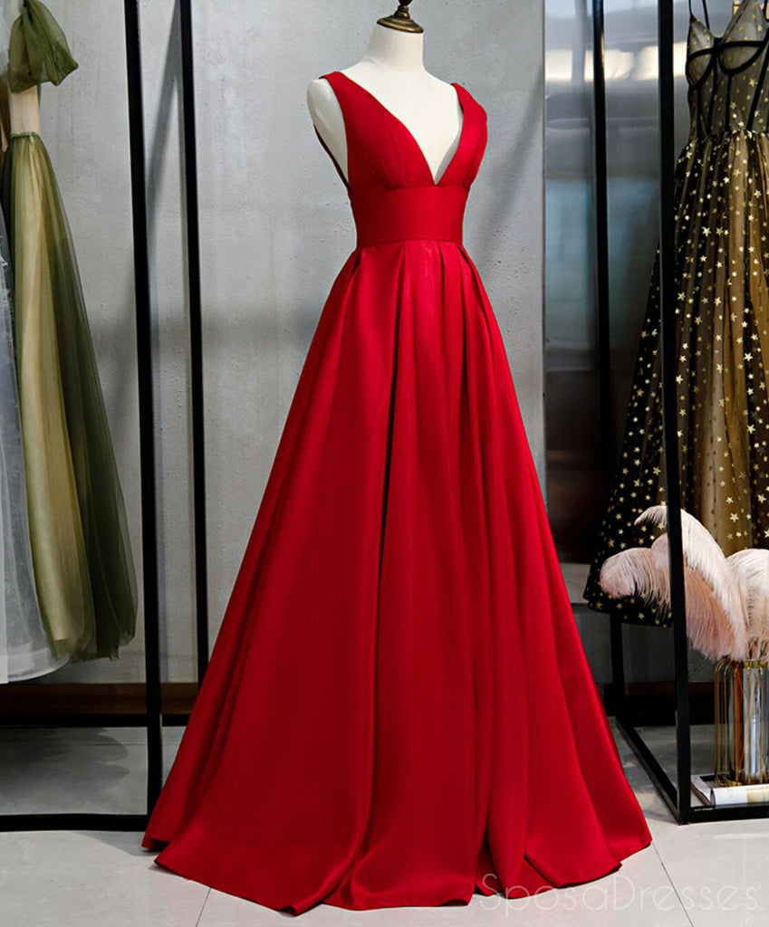 V Neck Red Simple Cheap Long Evening Prom Dresses, Sweet 16 Prom Dresses, 12362