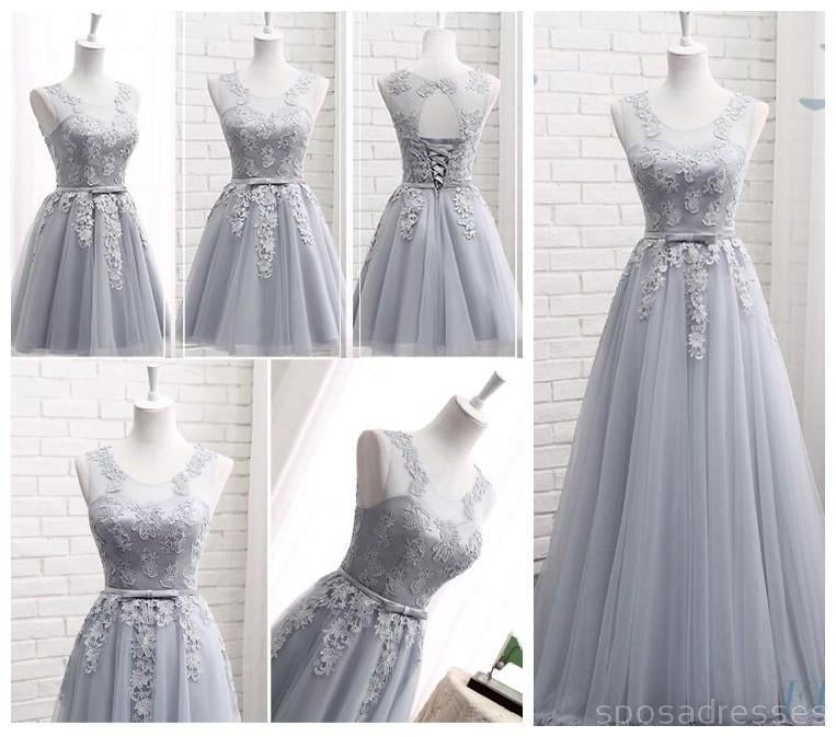 Gray Lace A line Long Bridesmaid Dresses, Affordable Bridesmaid Dresses, BD019