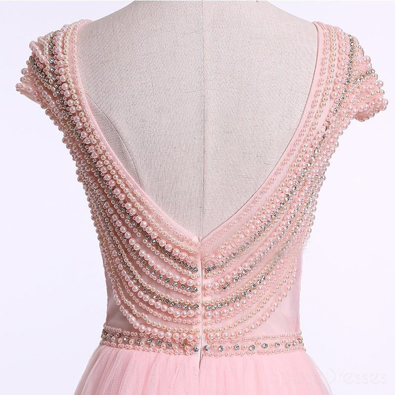 Sexy Backless Cap Sleeve Blush Pink Beaded Long Evening Prom Dresses, Popular Cheap Long 2018 Party Prom Dresses, 17241