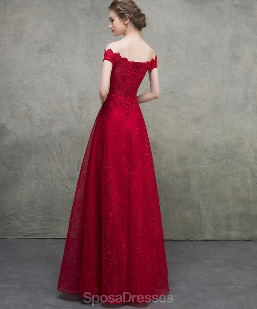 Off Shoulder Red Lace Beaded A-line Long Evening Prom Dresses, Evening Party Prom Dresses, 12328