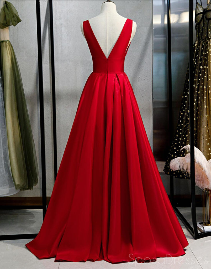 V Neck Red Simple Cheap Long Evening Prom Dresses, Sweet 16 Prom Dresses, 12362