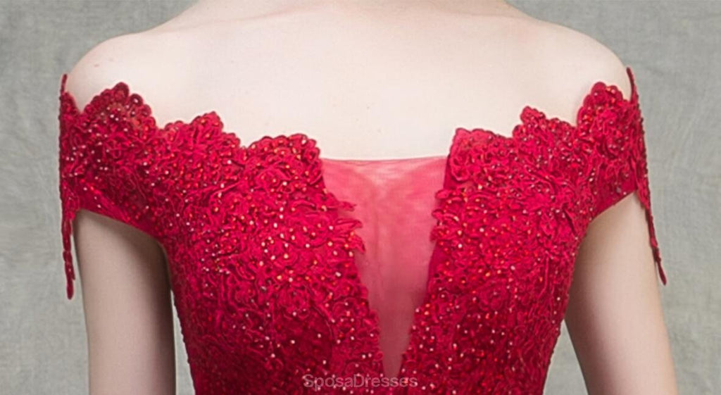 Off Shoulder Red Lace Beaded A-line Long Evening Prom Dresses, Evening Party Prom Dresses, 12328