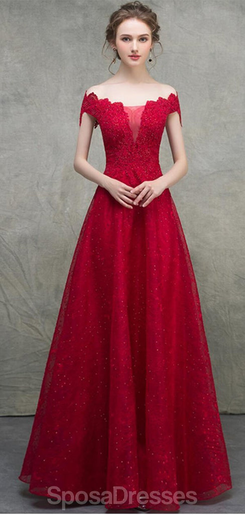 Off Shoulder Rote Spitze Perlen A-Linie lange Abend Prom Kleider, Abend Party Prom Kleider, 12328