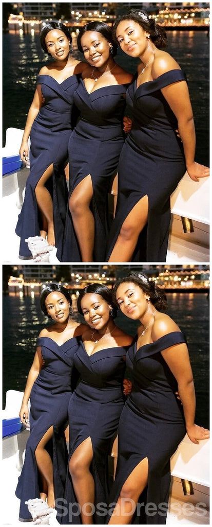 Off Shoulder Navy Side Slit Mermaid Cheap Long Cheap Bridesmaid Dresses Online, WG644