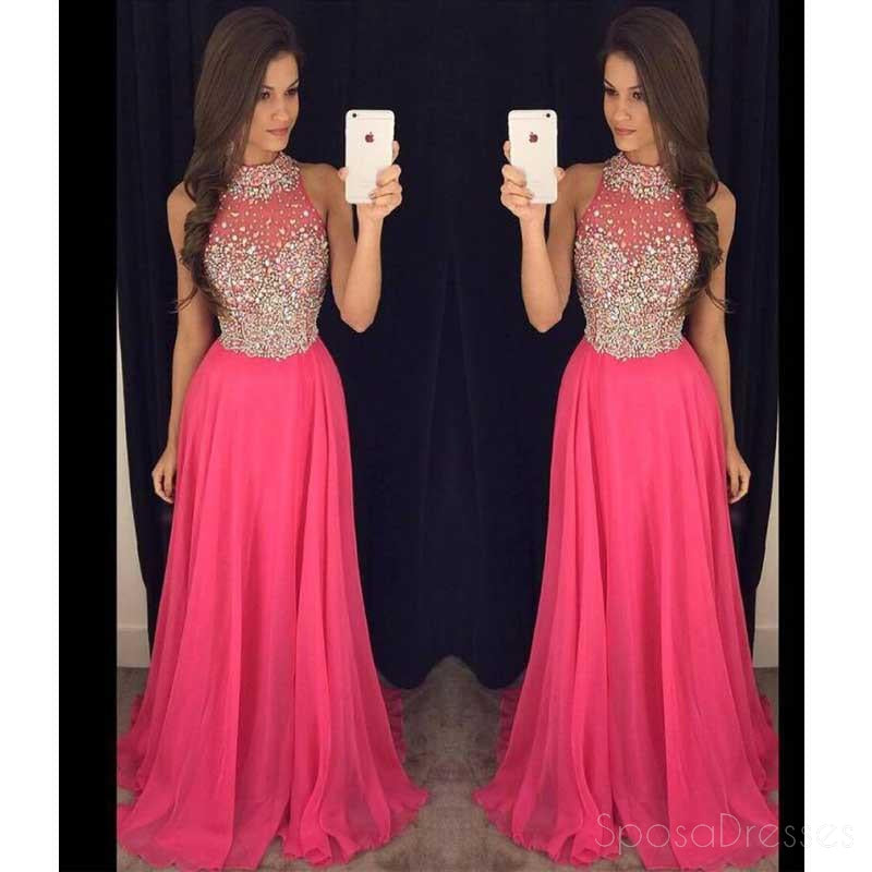 Hot Pink Halter Evening Prom Dresses, 2017 Long Beaded Prom Dress, Custom Long Prom Dress, Cheap Party Prom Dress, Formal Prom Dress, 17037