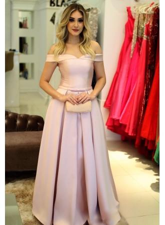 Simple Light Pink Off Shoulder A line Long Evening Prom Dresses, 17511