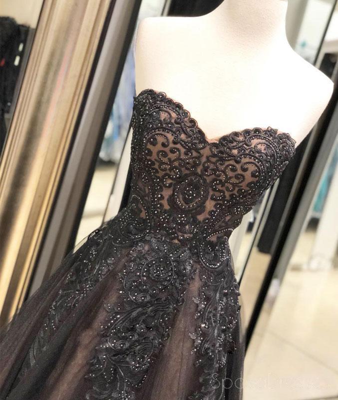 Sweetheart Black Lace Beaded A-line Long Evening Prom Dresses, Cheap Sweet 16 Vestidos, 18430