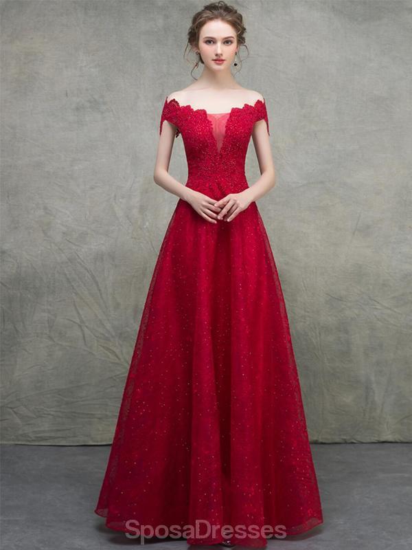 Off Shoulder Red Lace Beaded A-line Long Evening Prom Dresses, Evening Party Prom Dresses, 12328