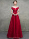 Off Shoulder Red Lace Beaded A-line Long Evening Prom Dresses, Evening Party Prom Dresses, 12328