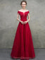 Off Shoulder Red Lace Beaded A-line Long Evening Prom Dresses, Evening Party Prom Dresses, 12328