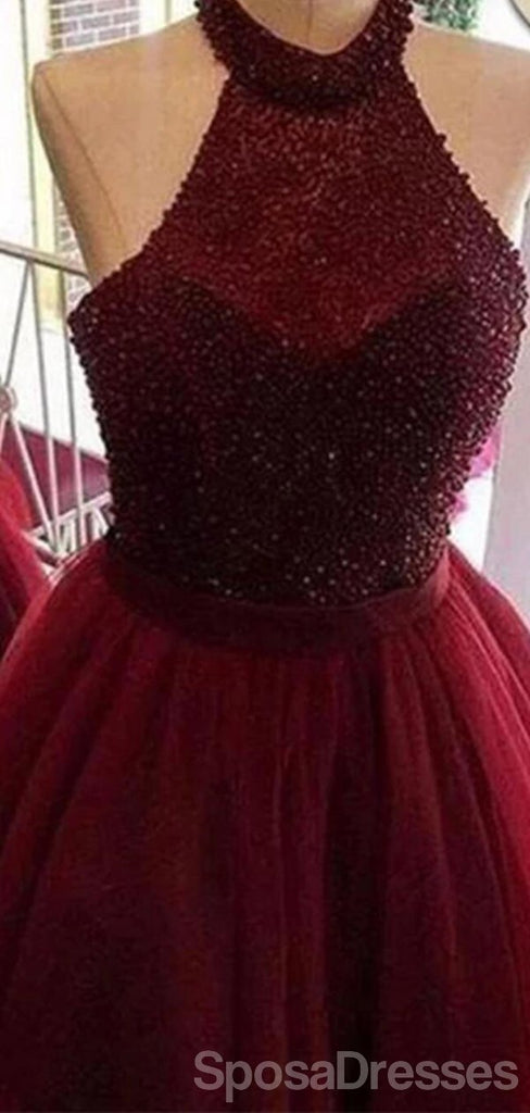 Halter Vestidos de regreso al hogar baratos de tul rojo oscuro cortos en línea, CM834