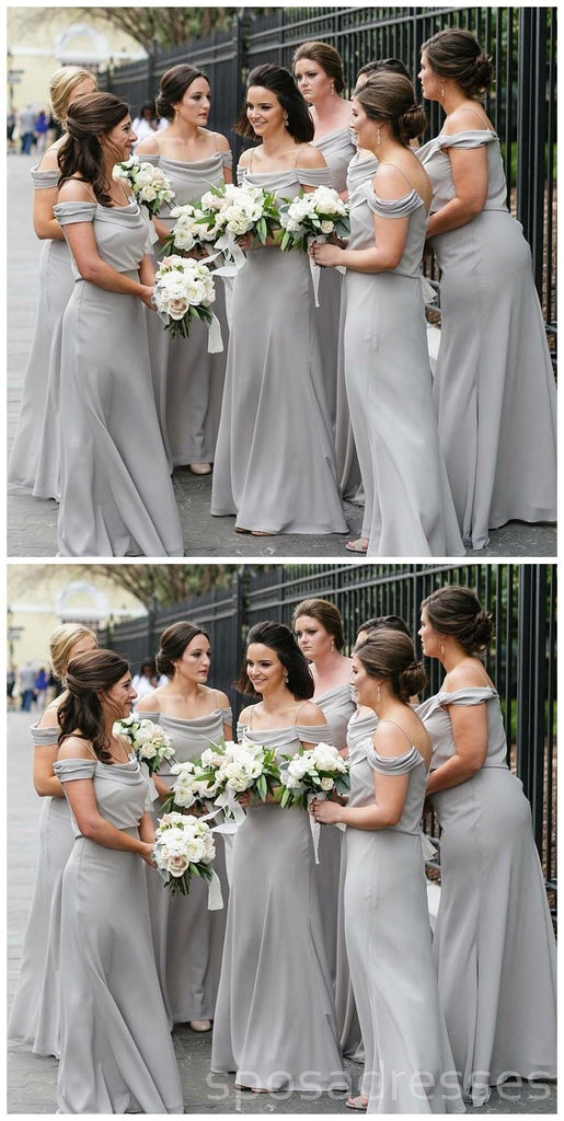 Off Shoulder Spahgetti Straps Grey Chiffon Long Bridesmaid Dresses Online, WG210