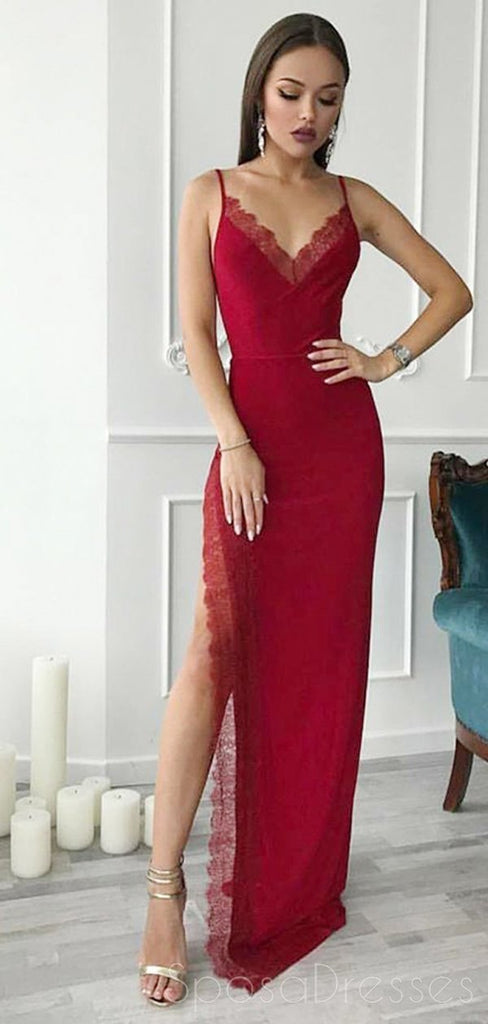 Rojo espagueti correas sirena lado slit vestidos de fiesta de noche larga, barato dulce 16 vestidos, 18339