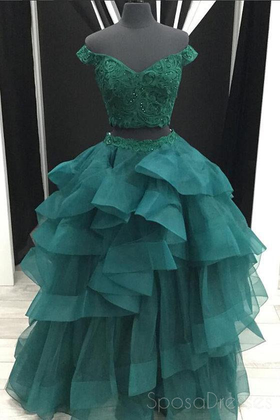 Sexy de Dos Piezas de color Verde Esmeralda de los Hombros Fuera de Cuello V Vestido de Bola de Largo Personalizada de Noche, vestidos de fiesta, Vestidos 17414