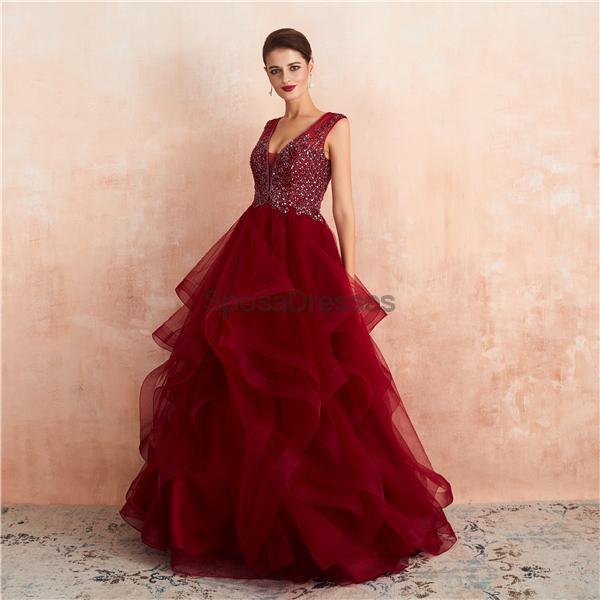 V Neck Dark Red Beaded Ball Gown Evening Prom Dresses, Evening Party Prom Dresses, 12136