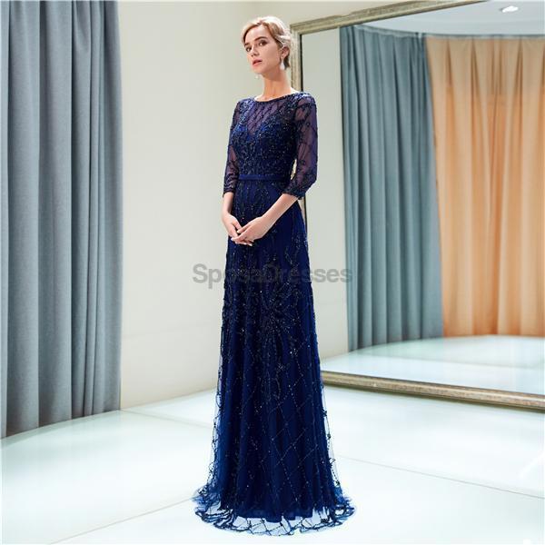 Navy Long Sleeves Lace Beaded Evening Prom Dresses, Evening Party Prom Dresses, 12052