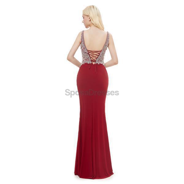 V Neck Red Mermaid Beaded Evening Prom Dresses, Evening Party Prom Dresses, 12055