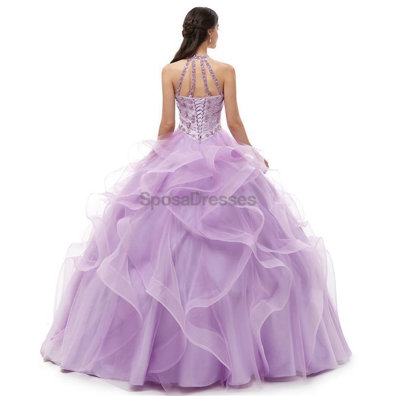 Halter Lila Lila Heavy Beaded Quinceanera Vestidos, Vestidos de fiesta de noche, 12101