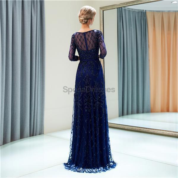 Navy Long Sleeves Lace Beaded Evening Prom Dresses, Evening Party Prom Dresses, 12052