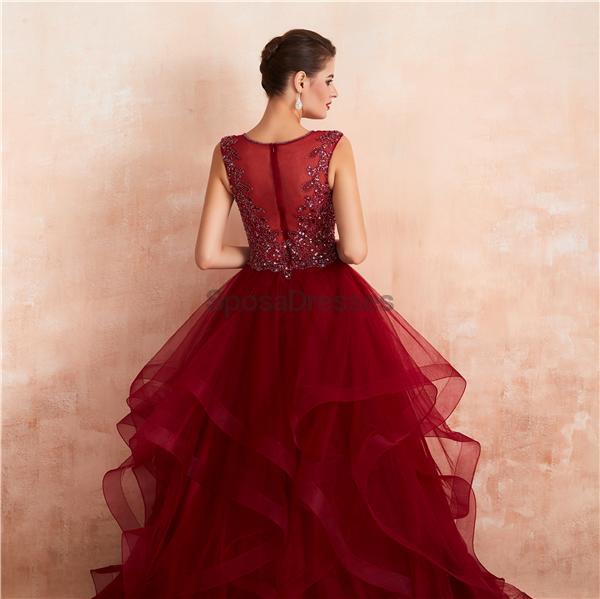 V Neck Dark Red Beaded Ball Gown Evening Prom Dresses, Evening Party Prom Dresses, 12136