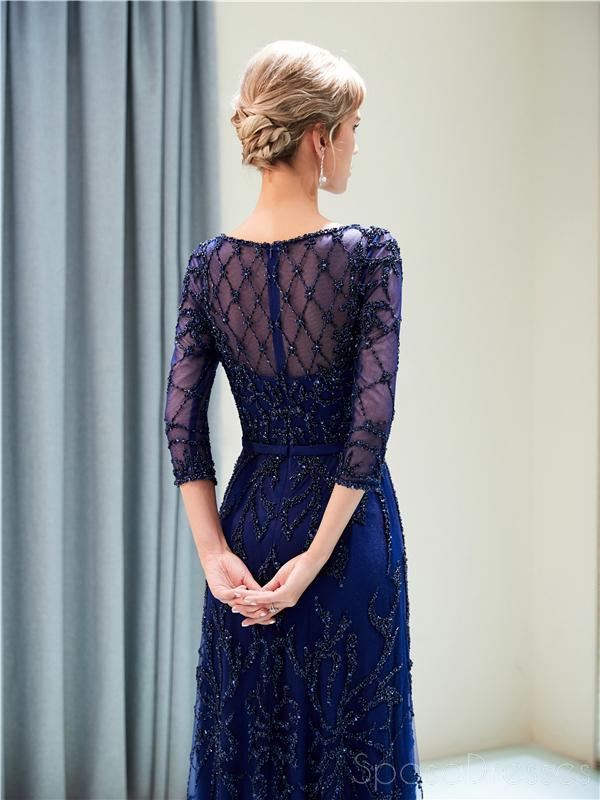 Navy Long Sleeves Lace Beaded Evening Prom Dresses, Evening Party Prom Dresses, 12052