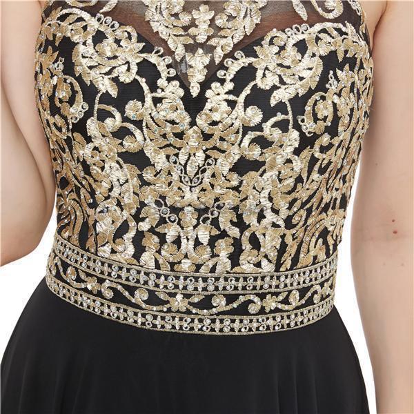 Black Chiffon Gold Lace Beaded Evening Prom Dresses, Evening Party Prom Dresses, 12053