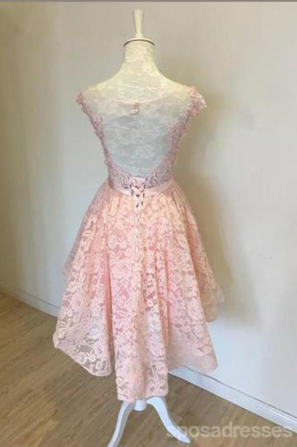 High Low Peach Lace See Through Back Short Homecoming Prom Dresses, Affordable Short Party Prom Sweet 16 Dresses, Perfect Homecoming Cocktail Dresses, CM367