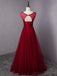 Open Back Maroon Lace Beaded A-line Long Evening Prom Dresses, 17625