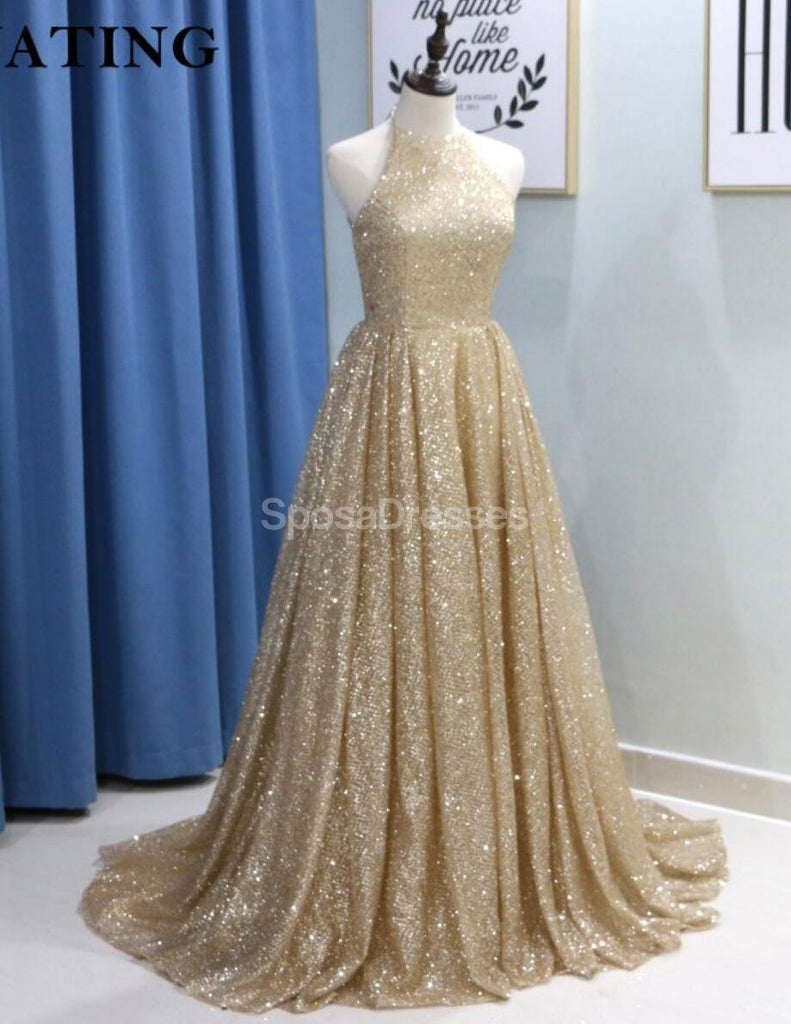 Sparkly Gold Sequin A-Line Long Evening Prom Dresses, Abendparty Prom Dresses, 12295