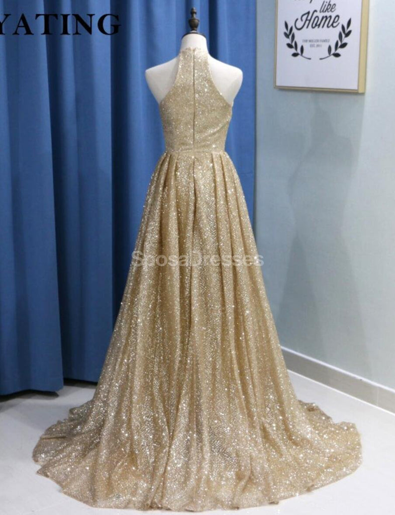 Sparkly Gold Sequin A-Line Long Evening Prom Dresses, Abendparty Prom Dresses, 12295