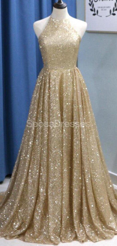 Sparkly Gold Sequin A-line Long Evening Prom Vestidos, Noite Party Prom Vestidos, 12295